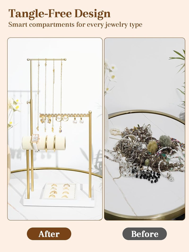 Jenseits Jewelry Organizer Stand with Ring Holder - 3-Tier Gold Jewelry Holder Tower with Velvet Tray, Necklace Holder, Bracelet & Earring Display Stand for Women, Gift for Her - Image 3